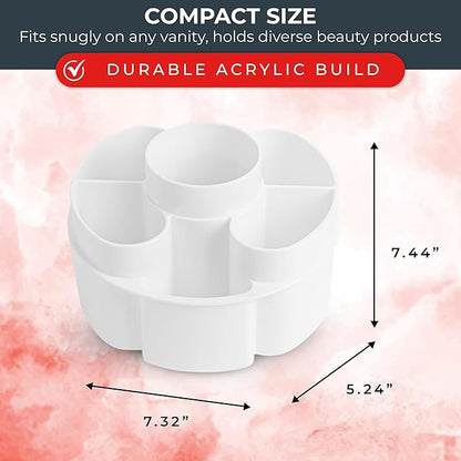 Masirs Small Rotating Makeup Organizer - Mini Yet Spacious Cosmetic Storage Solution with Multiple Compartments - The Perfect Spinning Make-Up Caddy for Vanity or Bathroom Counter (Round - White)