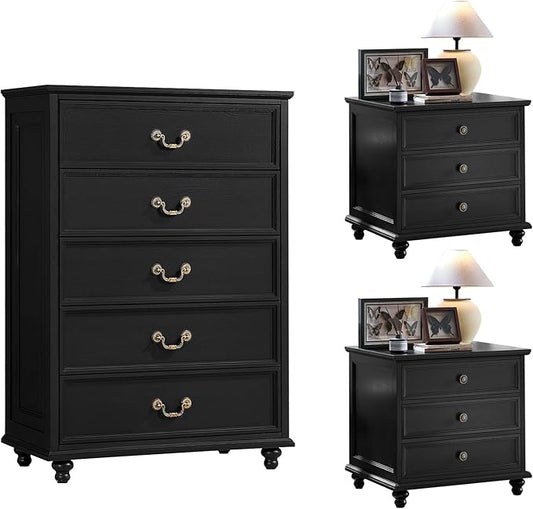 24" Wide Farmhouse Nightstand Set of 2, 45" Tall Rustic Chests of 5 Drawers w/ 4 Solid Wood Feet, Farmhouse Furniture Series for Living Room,Bedroom,Black