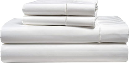Lane Linen White Queen Sheet Set - 100% Cotton Striped Sheets for Queen Size Bed, Satin Soft Luxury Striped Sheets Queen Size, Deep Pocket Fitted Sheets - 4 PC Bedding Sheets & Pillowcases Set - White