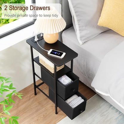 LOAKEKEL Narrow End Table Living Room with Charging Station, Skinny Side Table with Fabric Drawers, Slim Nightstand for Bedroom, Small Spaces, Couch, Black, HETNDP02BK-1