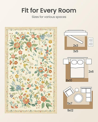 Amada 6x9 Area Rugs, Non-Slip & Low-Profile Living Room Rug with Reinforced Edge Binding, Soft Large Washable Boho Floral Rugs for Living Room, Bedroom, Dining Room