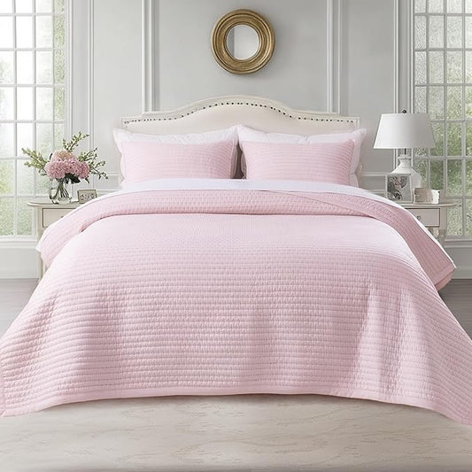 Oversized King Quilt Set 112"x106" – Soft Washed 3-Layer Lightweight California King Bedspread, Minimalist Nordic Design, All-Season Spring & Summer Quilt Set (1 Quilt + 2 Pillow Shams), Pink