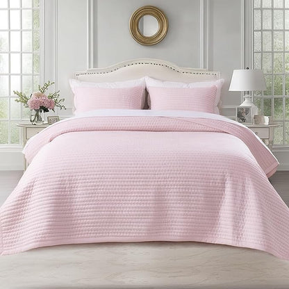 KASENTEX Queen Quilt Set 90"x90" – Soft Washed 3-Layer Lightweight Bedspread, Minimalist Nordic Design, All-Season Spring & Summer Quilt Set (1 Quilt + 2 Pillow Shams), Pink