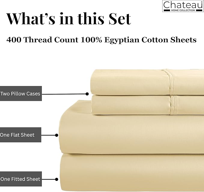 Queen Sheet Set - 400Tc Egyptian Cotton Bedding Sheets & Pillowcases - Soft, Durable And Luxurious 4Pc Sateen Weave Ivory Bed Sheets For Queen Size Bed, No Pill & Shrink Thick Machine Washable