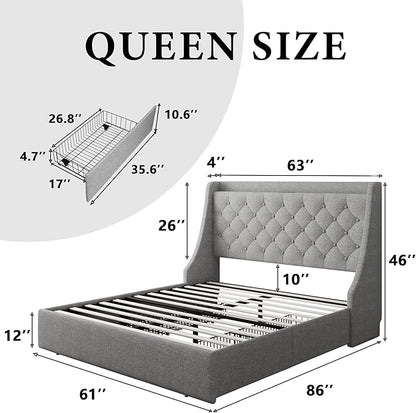 iPormis Queen Bed Frame with 4 Storage Drawers, Upholstered Platform Bed Frame with Type-C & USB Ports, Wingback Storage Headboard, Solid Wood Slats, No Box Spring Needed, Light Gray