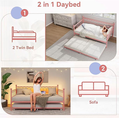 GarveeHome Twin Size Daybed with Charging Station and LED Lights, Metal Bed Frame with Trundle, Sofa Beds Frame with Steel Slat Support for Living Room, Guest Room, Apartment, Small Spaces, Pink