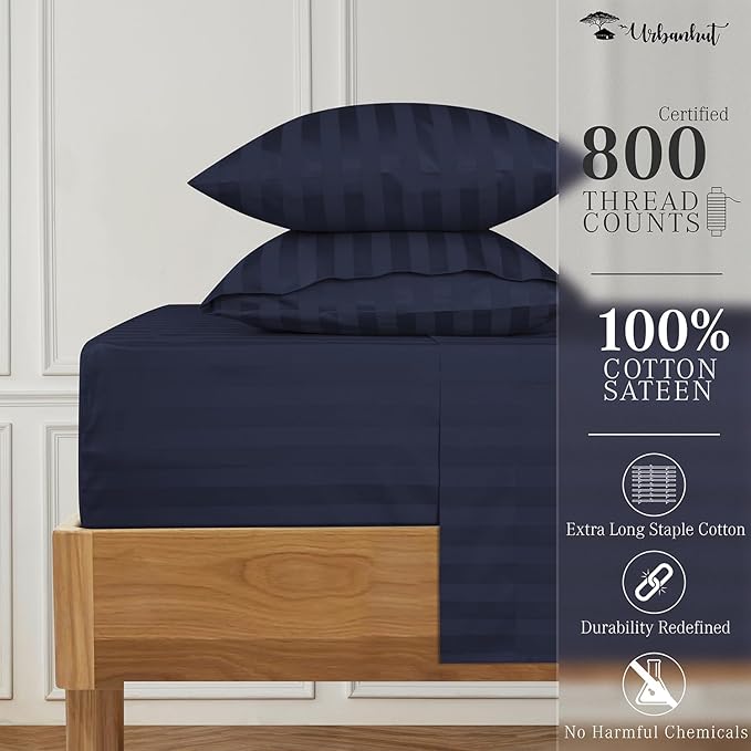 URBANHUT 800 Thread Count 100% Cotton Damask California King Size Sheets Set, 4 Piece Striped Cal King Size Bedsheets, Luxury Hotel Sheets Sateen Weave, 16" Elasticized Deep Pocket- Navy Blue