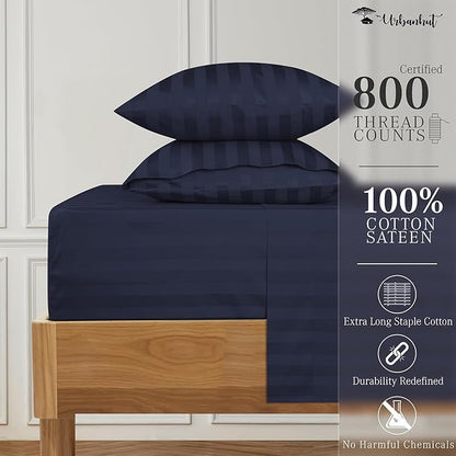 URBANHUT 800 Thread Count 100% Cotton Damask California King Size Sheets Set, 4 Piece Striped Cal King Size Bedsheets, Luxury Hotel Sheets Sateen Weave, 16" Elasticized Deep Pocket- Navy Blue