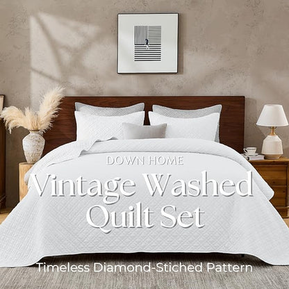 DOWN HOME Twin Quilt Set with Sham Lightweight Quilted Bedspread Coverlet Thin Comforter Bed Cover Vintage Washed Quilted Blanket for All Season, Brushed Microfiber Diamond Stitching, White, 66"x92"
