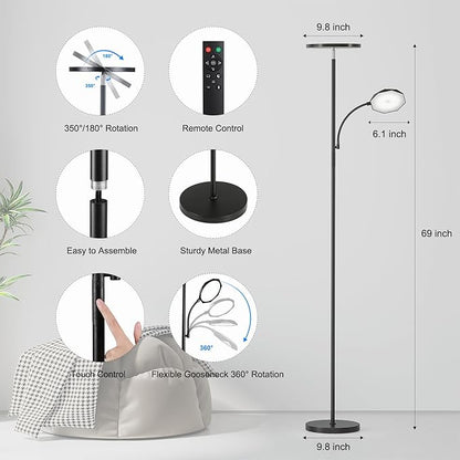 SUNMORY Floor Lamps for Living Room, 48W/4200LM Super Bright LED Floor Lamp with Remote Control, 69" Tall Standing Lamp with Stepless Dimmable, Modern Torchiere Reading Lamp for Bedroom, Office