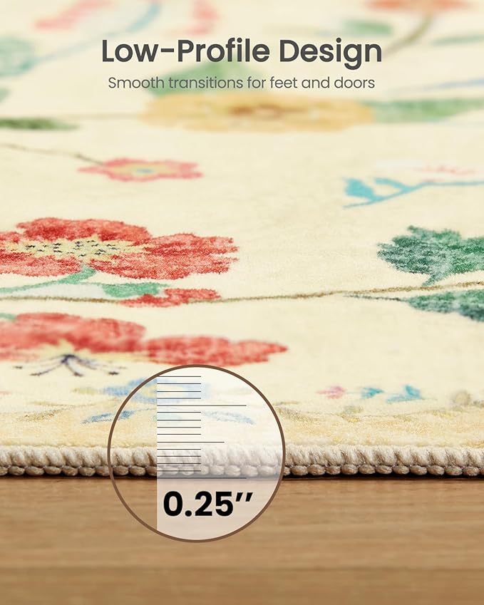 Amada 6x9 Area Rugs, Non-Slip & Low-Profile Living Room Rug with Reinforced Edge Binding, Soft Large Washable Boho Floral Rugs for Living Room, Bedroom, Dining Room