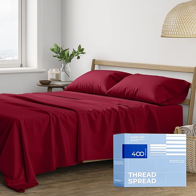Thread Spread 100% Cotton Bed Sheets Queen Set - 400 Thread Count Cotton Queen Sheets Only, 4 PC Set (Burgundy), Ultra Soft, Breathable, Cooling, Sateen Weave 16" Deep Pocket Bedsheet for Hot Sleepers