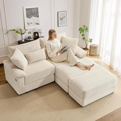 74" Double Chaise Lounge Chair Indoor, Oversized Loveseat with Removeable Ottoman, Corduroy Couch with USB Charging, Storage Ottoman, and Coffee Table Cushions for Living Room (2 Chaise Beige)