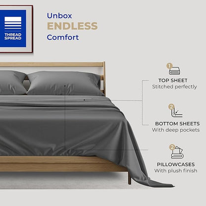 THREAD SPREAD Split King Sheets Sets for Adjustable Bed - 400 Thread Count 5 Piece Sateen Split Sheet Set, 2 Twin-XL Fitted Sheets, Ultra Soft, 16" Deep Pocket Split King Bed Sheet (Dark Grey)