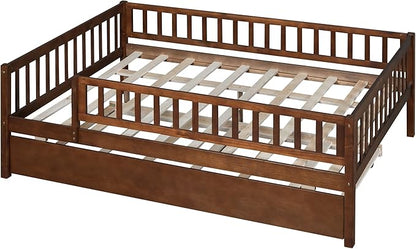 Bellemave Full Size Bed Frames with Rails for Kids, Full daybed Frame with Trundle for Boys/Girls/Adults，Walnut