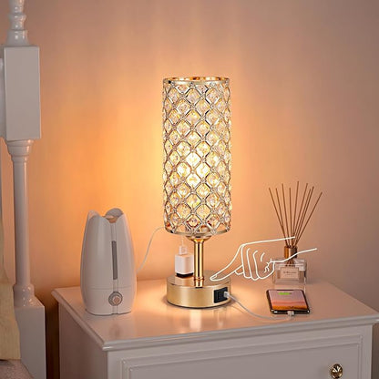 Hong-in Gold Lamps Set of 2, Dimmable Gold Lamps for Nightstand with USB-C+A & AC Charging Ports, 3-Way USB Crystal Lamp, Bedside Desk Light for Bedroom Living Room Home Office(Bulb Included)