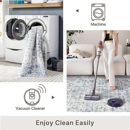 vivorug 5x7 Area Rugs - Ultra-Thin Washable Rug with Non-Slip Backing, Ideal for Living Room, Bedroom, Dining Room Indoor - Vintage, Easy Clean, Durable, Low Pile Rug Blue