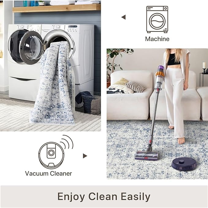 vivorug 9x12 Area Rugs for Living Room, Non Slip Machine Washable Vintage Rug, Ultra-Thin Lightweight Large Area Rug for Bedroom, Dining Room, Low Pile Blue