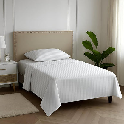 Carressa Linen Striped Egyptian Cotton Sheets Twin XL Size - 600 Thread Count 3 PC Damask Twin XL Sheets Deep Pockets, Sateen Weave College Dorm Bedding Twin XL, Fits Mattress Upto 18"- White Stripe