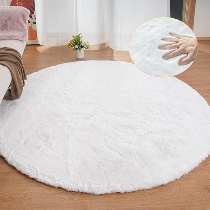 White Round Shag Rugs 6ft Faux Rabbit Washable Fur Area Rugs for Living Room Circle Fluffy Rugs for Bedroom Boho Rug Home Room Décor