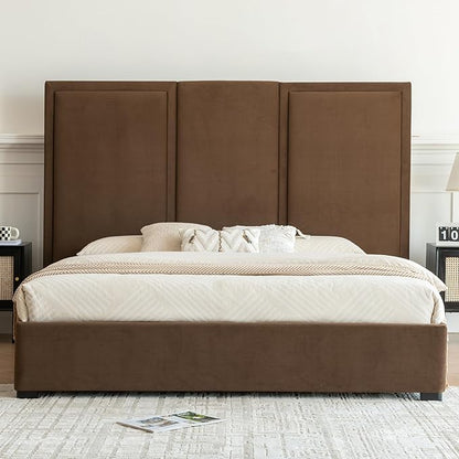 YUHUASHI King Size Bed Frame with 64-inch High Headboard, Simple and Airy Linen Upholstered Platform Bed with Storage Drawers, Wood Slat, No Noise (Brown, King)