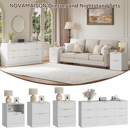 9 Drawer Dresser & Nightstand Set 3-Piece, 63” Wide White Fluted Dresser and Night Stand Set of 2, Fluted Modern Wood Chest of Drawers Storage Dressers Set for Bedroom, White