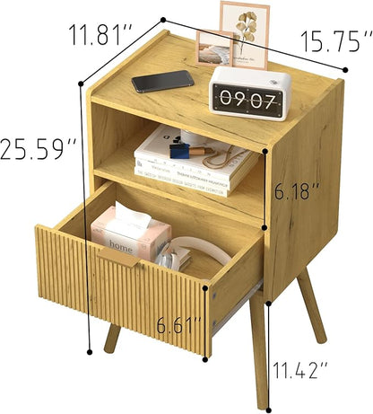 Nightstand,Modern Bedside Table with Storage Drawer and Open Wood Shelf, for Living Room, Bedroom and Small Spaces, Accent Night Stand with Solid Wood Legs, Easy Assembly,Vintage Yellow Oak