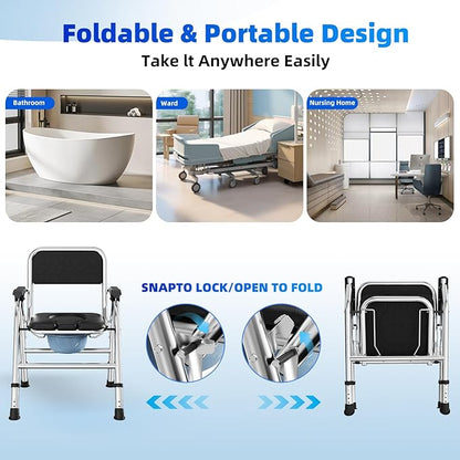 4 in 1 Folding Bedside Commode Chair for Elderly with Arms and Back,Adjustable Height Raised Toilet Seat with Handles,Adults Potty Chair for Seniors,Disabled and Pregnant (with Paper Roll Holder)