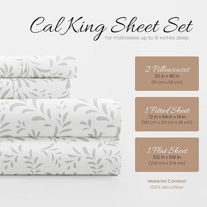 Linen Market 4 Piece California King Bedding Sheet Set (Gray Vines) - Sleep Better Than Ever with These Ultra-Soft & Cooling Bed Sheets for Your Cal King Size Bed - Deep Pocket Fits 16" Mattress