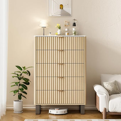 Fluted 5 Drawers Dresser, 48" H Modern Country Storage Dressers with Brushed Metal Handles, Wood Storage Organizers for Bedroom, Living Room, Hallway, Beige