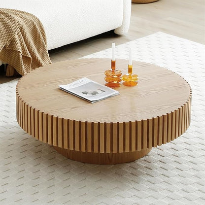 LKTART Round Coffee Table for Living Room, Accent Fluted Drum Coffee Table with Storage, Modern Solid Wood Circle Center Tea Table for Small Space Apartment (31.5''D×14''H-Natural)