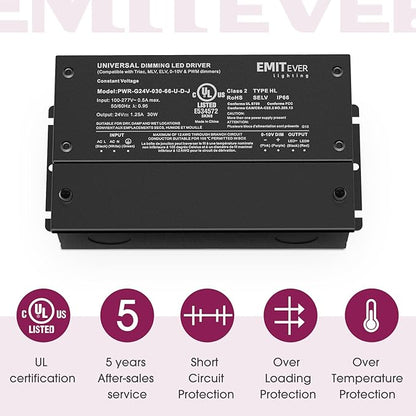 EMITEVER Dimmable Led Driver, 2 Packs 30W AC 110V-277V to DC 24V Transformer, 5-in-1 Dimming: ELV/MLV/TRIAC / 0-10V / 1-10V / 10V PWM/Potentiometer, Waterproof IP67 and UL Listed