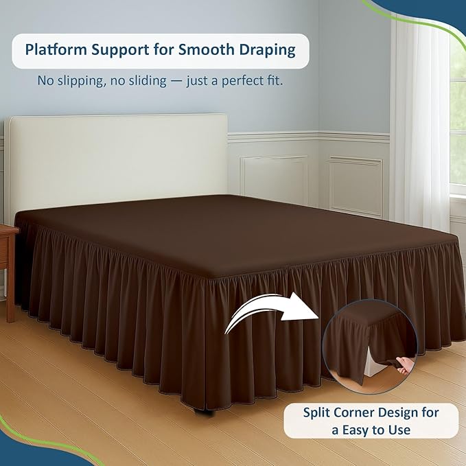Rajlinen Ruffled Bed Skirt Full XL, 18 Inch Drop Dust Ruffle with Split Corners, 100% Microfiber Bedskirt with Platform, Three-Sided Coverage Ruffled Gathering Design, Chocolate