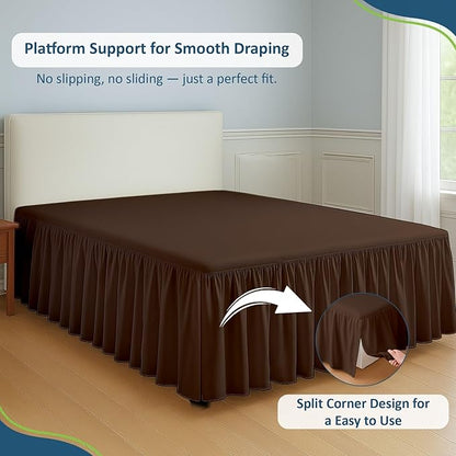 Rajlinen Ruffled Bed Skirt Full XL, 14 Inch Drop Dust Ruffle with Split Corners, 100% Microfiber Bedskirt with Platform, Three-Sided Coverage Ruffled Gathering Design, Chocolate