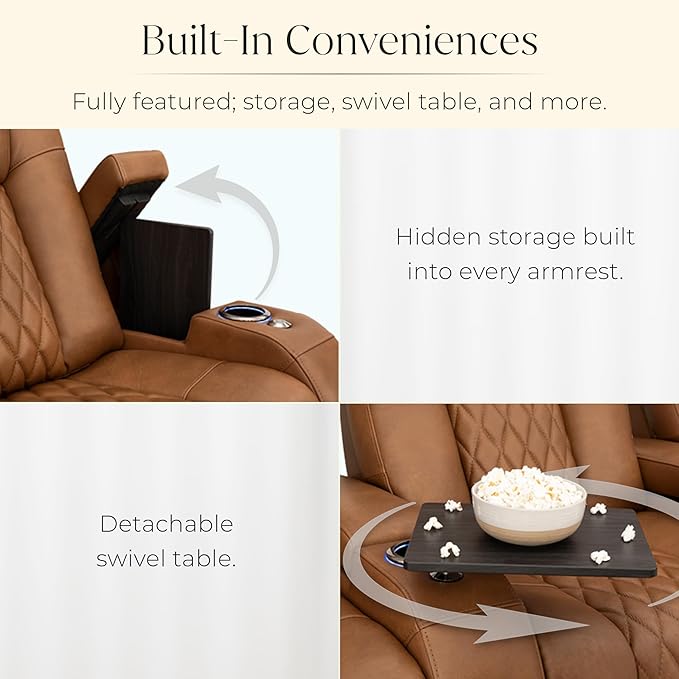 Seatcraft Diamante Zero-Gravity CoolZero Italian Leather Home Theater Seating, Power Headrest, Power Recline, Row of 3, Tawny