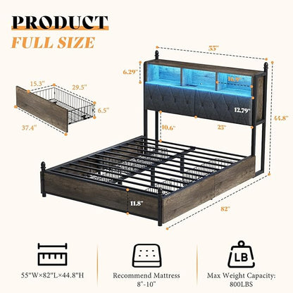 AMERLIFE Full Size Bed Frame with Bookcase Headboard and 4 Storage Drawers, Wooden Platform Bed with Charging Station and LED Light, No Box Spring Needed/Noise-Free, Gray