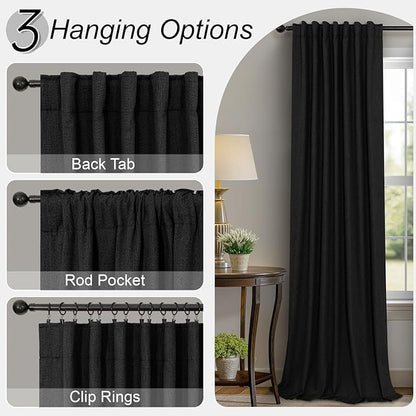 Pitalk Black Curtains for Bedroom 90 Inches Long Sound Proof Modern Window Drapes Light Blocking Floor to Ceiling Rod Pocket Linen Back Tab Curtains Blackout Dining Room Office 52x90 Length 2 Panels