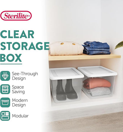 Sterilite 32 Pack Storage Box, 20 Quart Stackable Tote, Clear Plastic Container with Secure Snapping Lids for Home and Office Organization, White