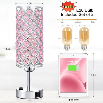 Pink Crystal Lamp Set of 2, 3 Way Dimmable Touch Lamp for Bedroom with Crystal Shade, Bedside Nightstand Lamps for Living Room Bedroom Home Office