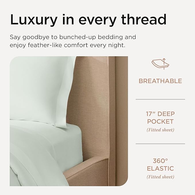 Threadmill Supima King Size Sheets, 1200 Thread Count, 4 Piece American Luxury Bed Sheets for King Mattress, 5 Star Hotel Quality Cotton Sheets with Elasticized Extra Deep Pocket, Seaglass