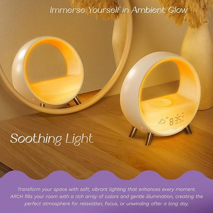 Dekala 5G Arches Gradual Sunrise Alarm Clock with Wireless Charging Loud Alarm Clock for Heavy Sleepers Sunset White Noise Sleep Sound Machine Bluetooth Speaker Night Light Touch/App/Button Control