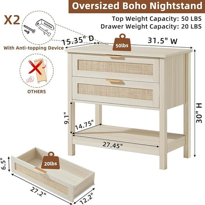 LEYAOYAO 31.5" Wide Rattan Night Stand, Oversized Large Boho Nightstand with 2 Drawer, Grey White Bed Side End Tables with Storage Shelf, Tall Bedside Table for Bedroom Living Room, Hallway