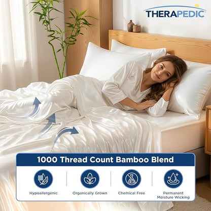 Therapedic 1000TC King 6-Piece Sheet Set - 100% Organic Rayon Derived from Bamboo Blend with Cooling Fiber, Ideal for Hot Sleepers - 16" Deep Pocket Fitted Sheet, Bonus Pillowcases - Light Blue