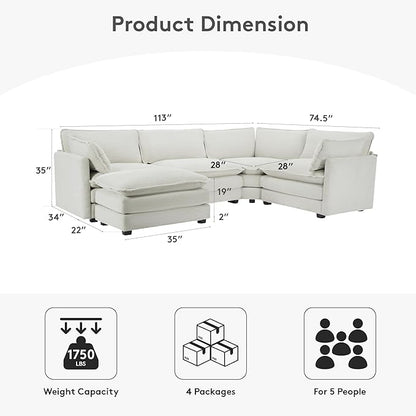 ROWHY 113'' Modular Sectional Cloud Corner Couch, 5 Seater L Shape Sofa Big Comfy Corduroy Oversized Couch with 2 Pillows Movable Ottoman, Deep Seat Sectional Couches for Living Room Office Light Grey