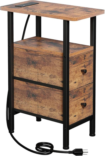 LOAKEKEL Narrow End Table Living Room with Charging Station, Skinny Side Table with Fabric Drawers, Slim Nightstand for Bedroom, Small Spaces, Couch, Rustic Brown, HETNDP02PBR-1