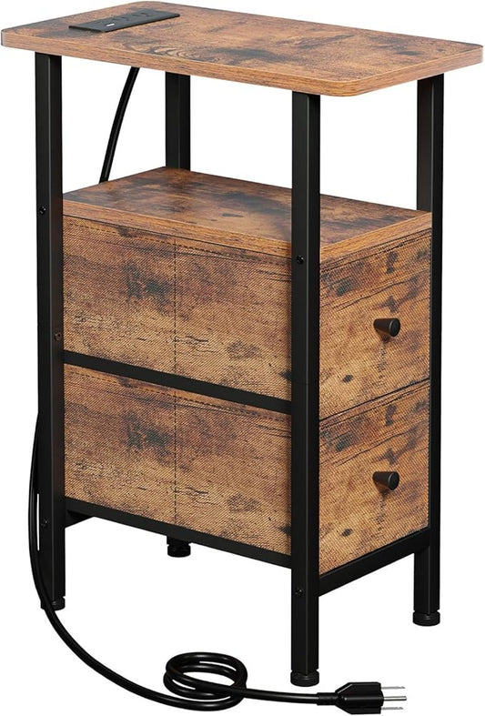 LOAKEKEL Narrow End Table Living Room with Charging Station, Skinny Side Table with Fabric Drawers, Slim Nightstand for Bedroom, Small Spaces, Couch, Rustic Brown, HETNDP02PBR-1