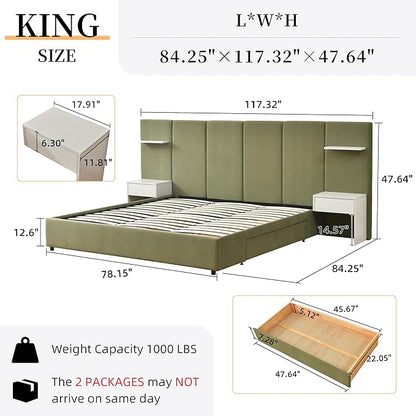 King Bed Frame with Storage & Built-in Nightstands, Velvet Upholstered Platform Bed Frame with Drawers & 2 Floating Storage Shelves, Noise-Free, No Box Spring Needed, Easy Assembly, Green