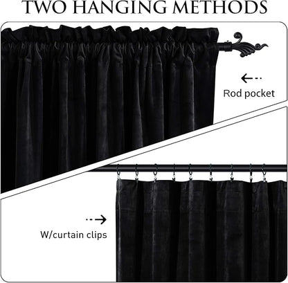 StangH Velvet Curtains 90 inches Long - Blackout Black Super Soft Rod Pocket Window Drapes Light Blocking Thermal Insulated Sliding Door Covering for Living Room, W52 x L90, 2 Panels