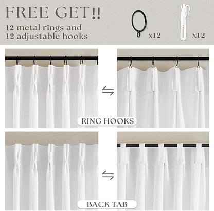 Extra Wide 108 Inch Long Curtains 70 Inch Wide Pinch Pleat Linen Curtains for Living Room Bedroom Light Filtering Privacy Pleated Drapes Hooks Rings Back Tab for Sliding Door White 1 Panel