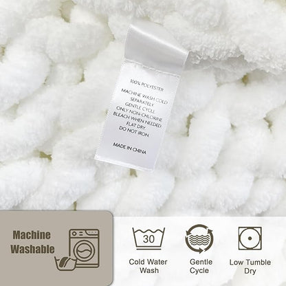 Chunky Knit Throw Blanket 50"X 60", 100% Handmade with Soft Chenille Yarn, 4.4lbs Thick Cable Knitted Blankets, Large Rope Knot Crochet Throws for Couch Sofa Bed Home Decor, Snow White